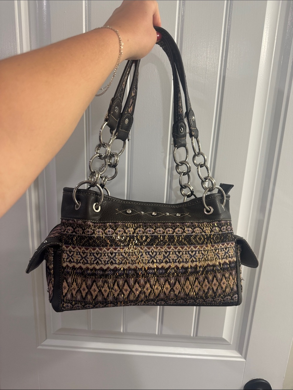 Boho Patterned Shoulder Bag in Black and Tan